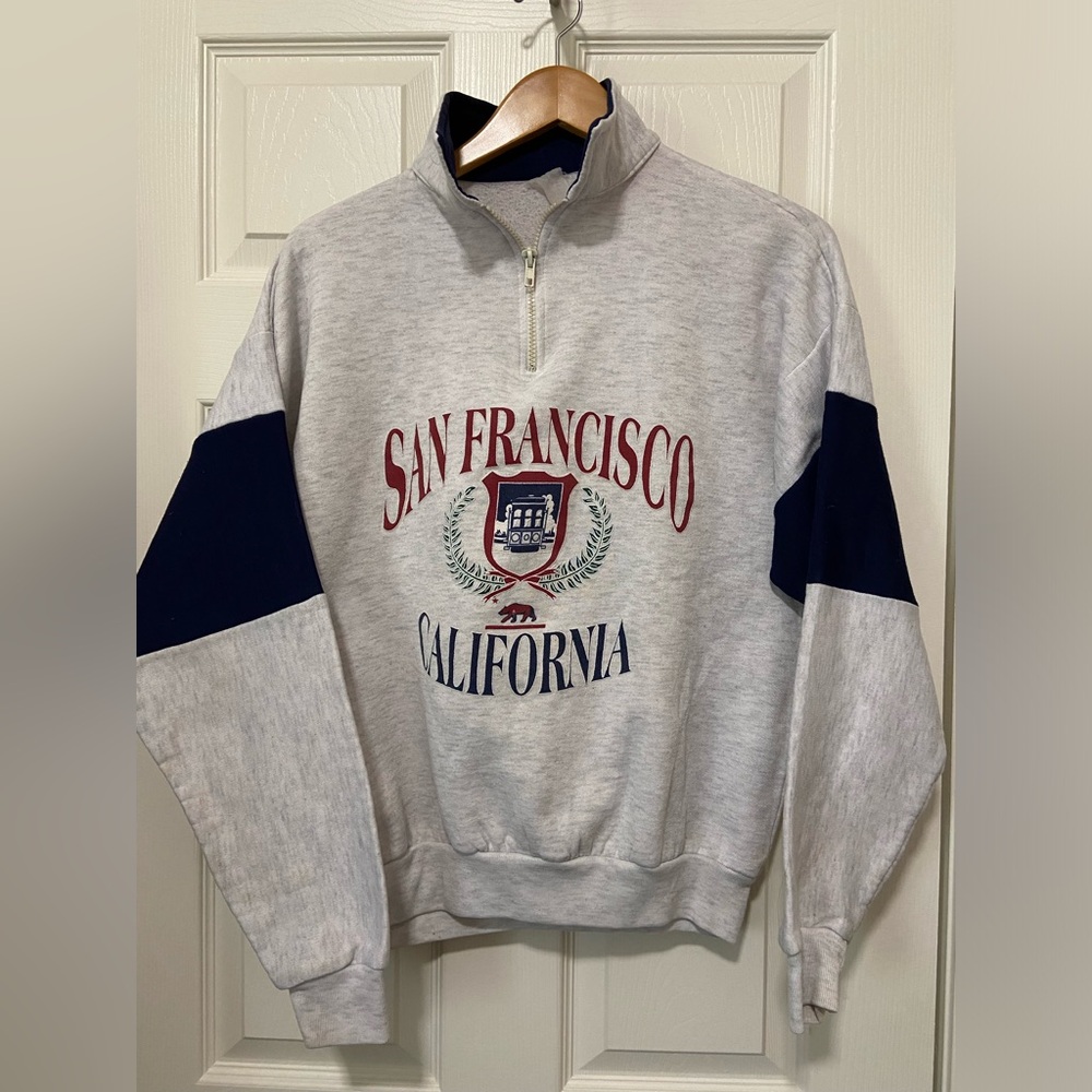 Vintage San Francisco California Retro 1/4 Zip Grey Blue Sweatshirt Size Small